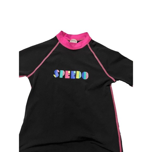 Speedo Girls Logo Short Sleeves Sun Top Black Pink Diamond Rashie Swim Sz 10 - Picture 2 of 9